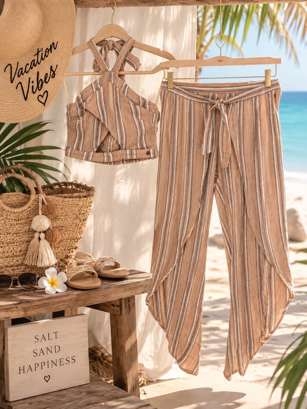 Roxy two piece set. Striped Beach Wrap Pants and halter top in Tan